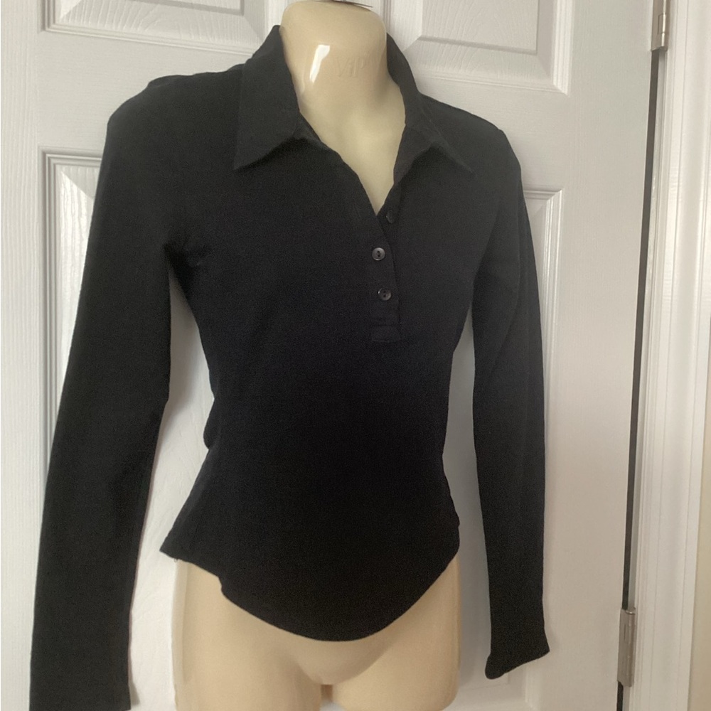 Vintage Y2K collared stretch shirt S black Anxiety Cafe v-neck long sleeve